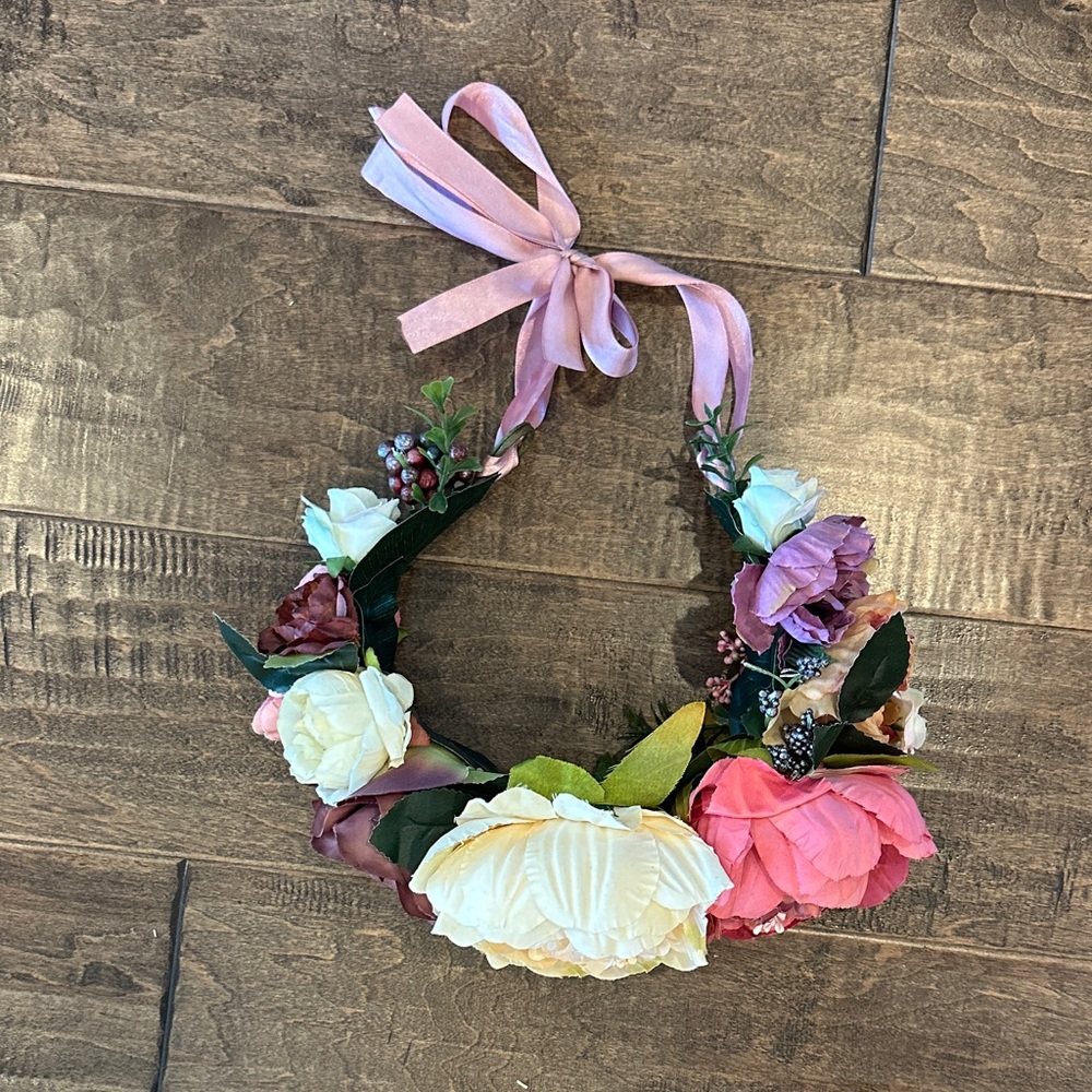 Floral Headband with Pink Ribbon